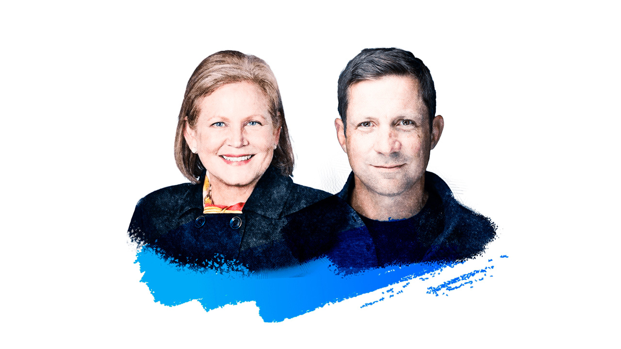 Illustration of former Nike executives Christiana Shi and Stuart Hogue.