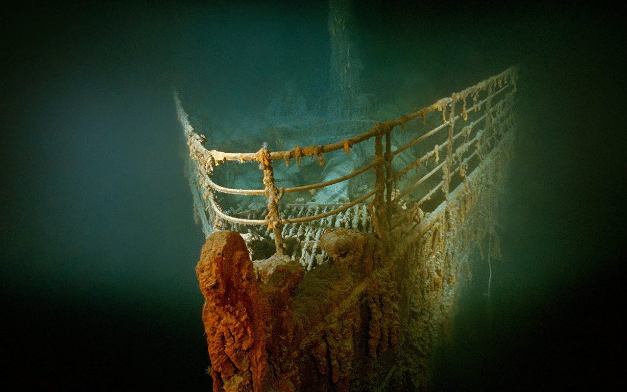 The sunken R.M.S. Titanic has been corroded by rust and communities of microbes. Most recently, a stretch of the railing from its iconic bow fell to the ocean floor.