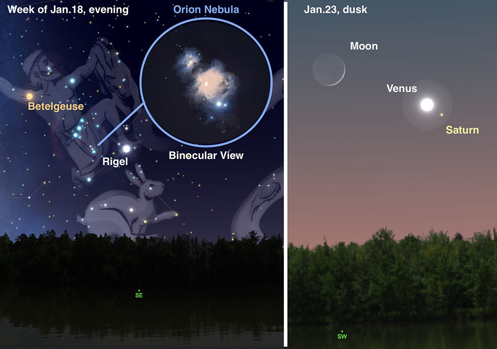 Two illustrations of the night sky, including the the Orion nebula