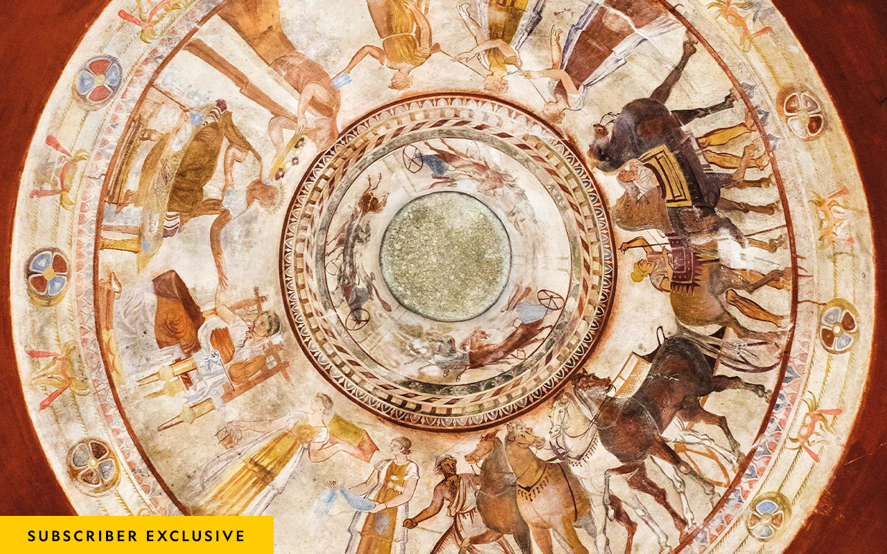 The painted ceiling of the Kazanlak tomb's burial chamber features its most celebrated image: a couple at a banquet surrounded by servants, musicians, and a chariot.