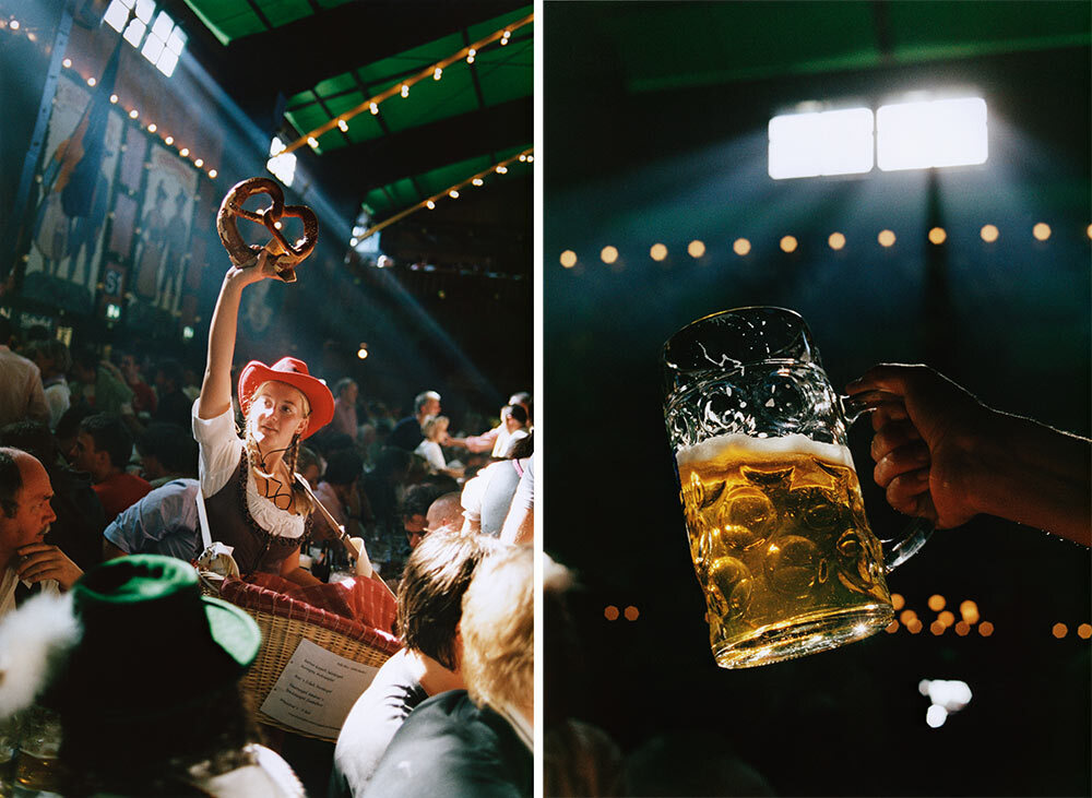 Left: Inside an Oktoberfest party tent, a woman wearing a dirndl—a traditional Bavarian dress—sells giant pretzels. Right: A celebrant raises a stein of beer at Oktoberfest in Munich in 2007. The festival typically takes place over 16 days, and is known as the largest folk festival in the world, attracting upwards of 6 million people, who in turn consume more than 6 million liters of beer.