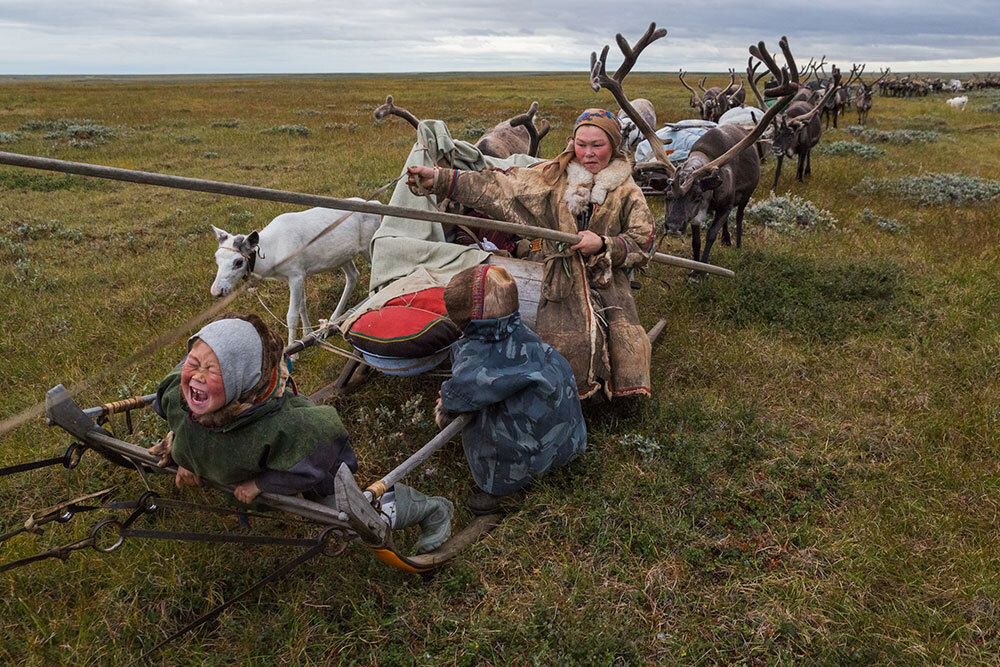 A picture of people riding a sleigh pulled by reindeer