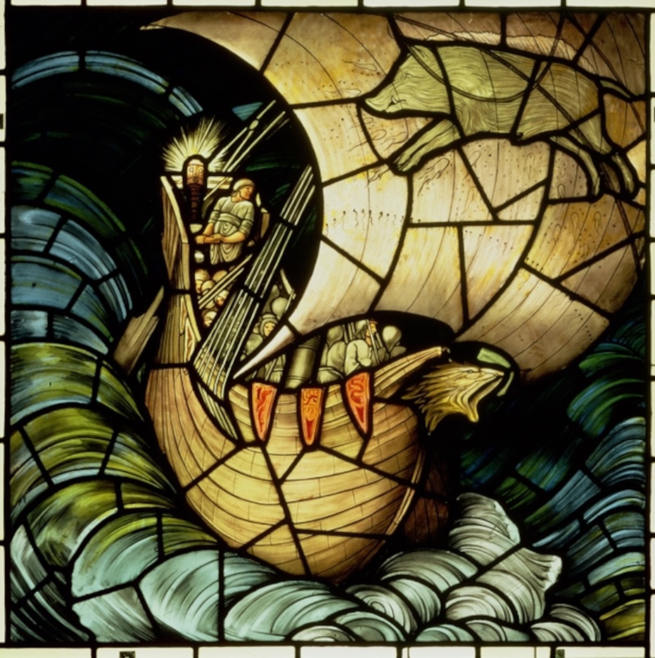 An image of a ship in stained glass.
