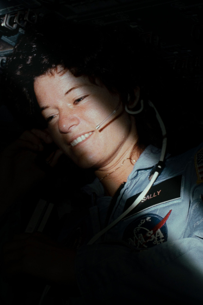 A portrait of Sally Ride while in space