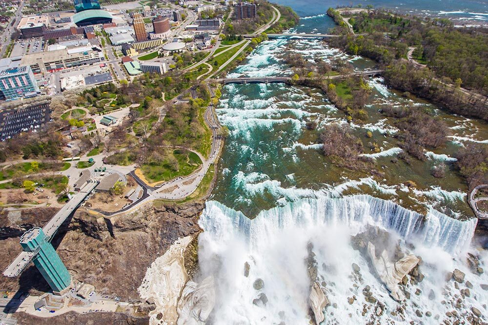 An aerial view of the American Falls in 2015. Today, up to three quarters of the Niagara River runs beneath the falls on both sides of the U.S.-Canada border.