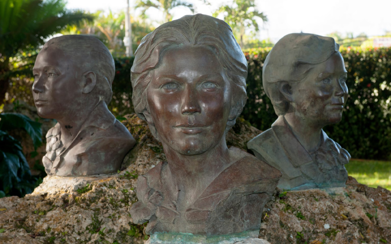 Busts of the three sisters stand in front of their home-turned-museum.   