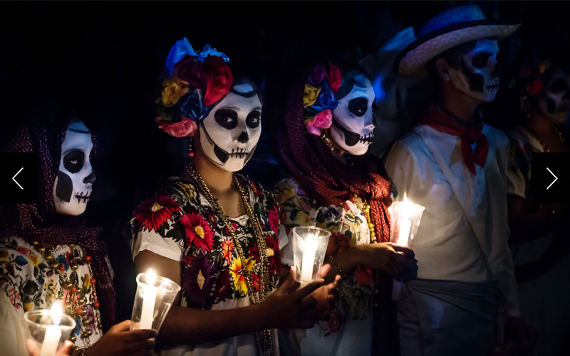 Revelers don funky makeup and costumes, host parades and parties, and make offerings to loved ones. 