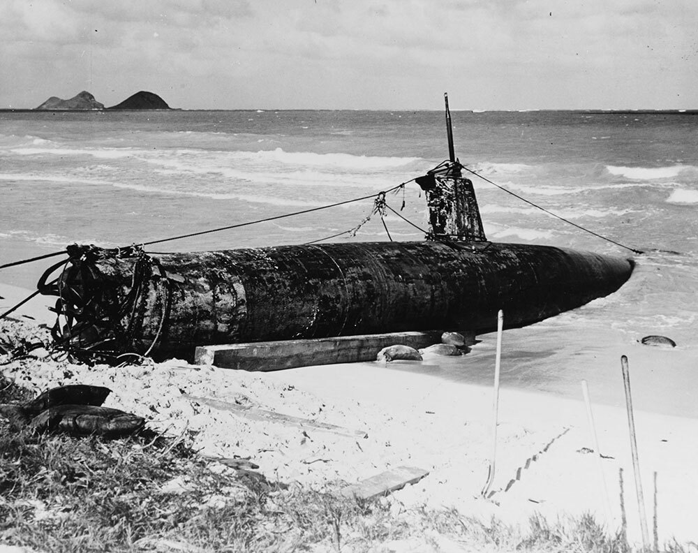 A picture of a submarine on a beach