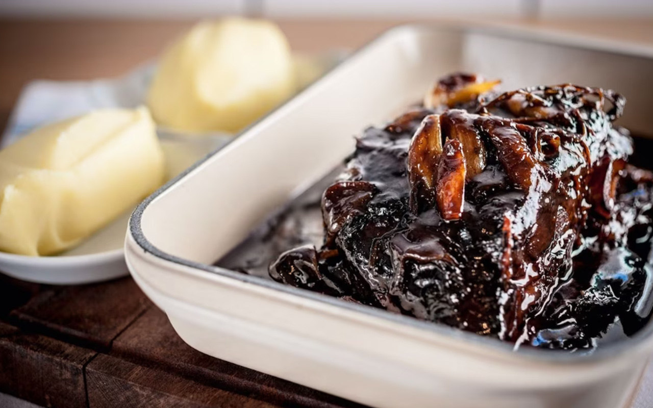 A casserole dish full of "7 hour lamb"