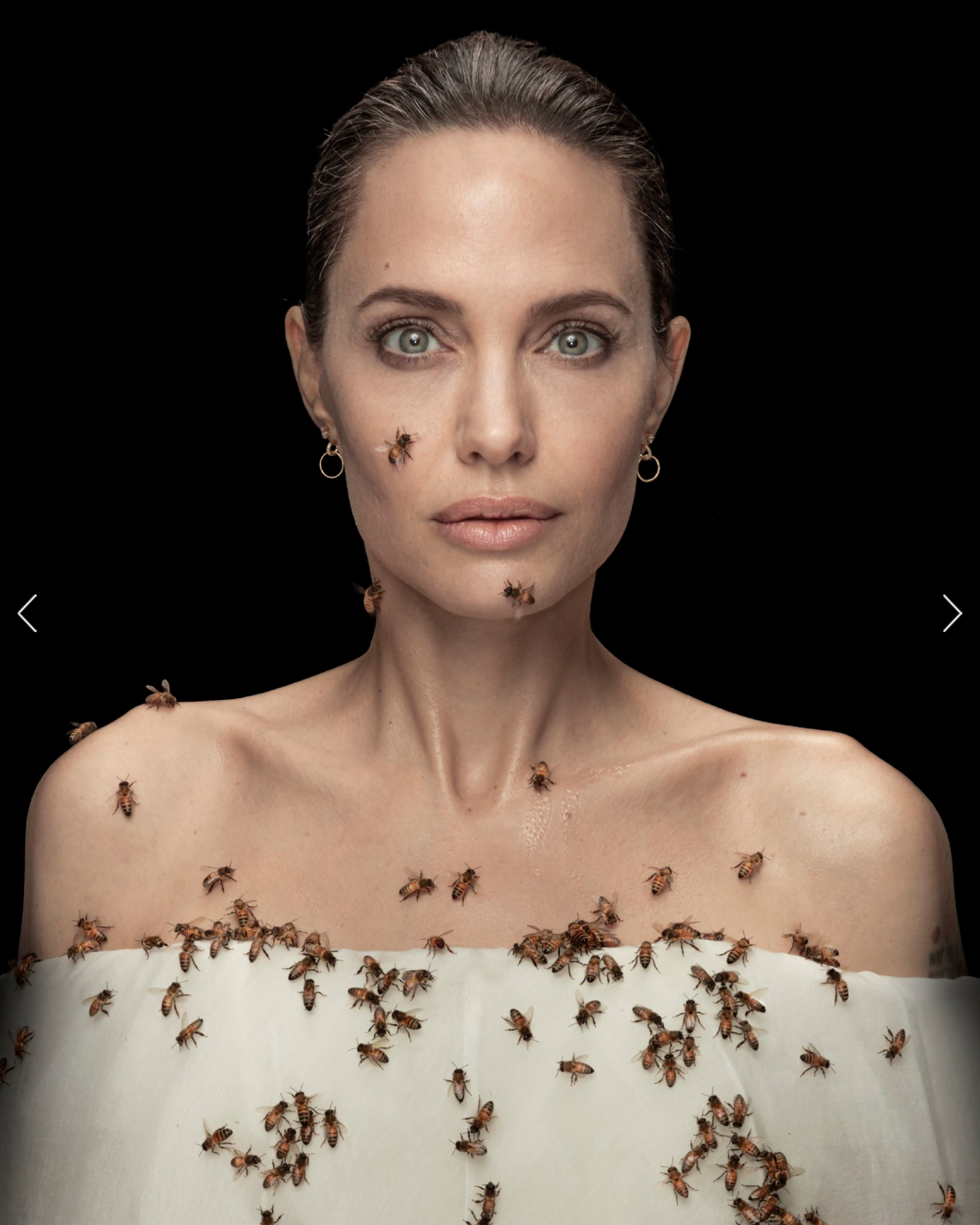 a studio portrait of Angelina Jolie with a group of bees resting on her