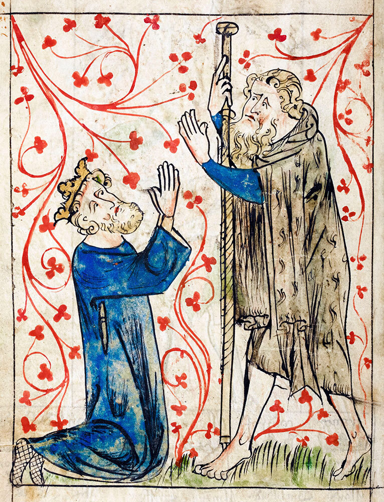 an illustration of a king dressed in blue kneeling in front of a man