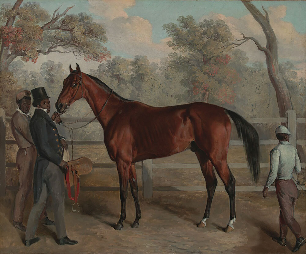 a painting of men in top hats standing around a horse