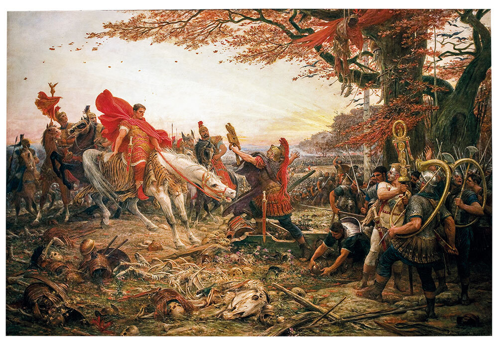 Germanicus orders the recovery of the remains of Roman soldiers and the banners of legions destroyed by Arminius and his men in the Teutoburg Forest, to give them a dignified burial.