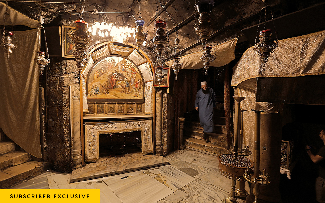 The Church of the Nativity in Bethlehem is believed to house the site where Mary gave birth to Jesus. Tradition holds that the silver star in the niche marks the exact location.