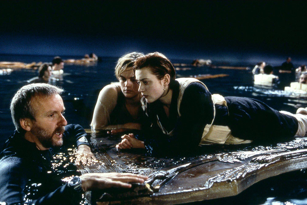 A picture of Kate Winslet and Leonardo DiCaprio on the set of Titanic on the door in water