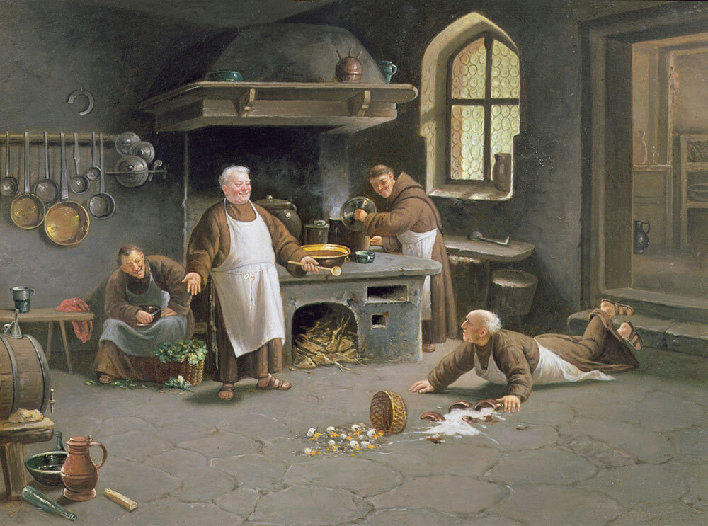 the oil painting depicts friars laughing at another's spill in a kitchen