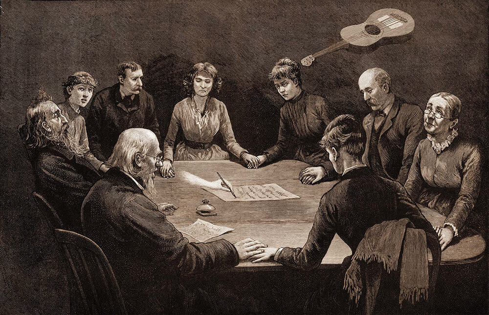 Spirit writing and levitating objects highlight this 1887 illustration of the kinds of manifestations experienced at a séance.