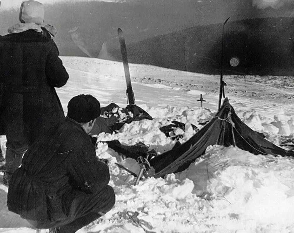 Soviet investigators examine the tent belonging to the Dyatlov Pass expedition on February 26, 1959.