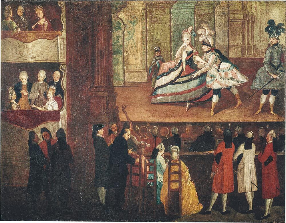 A painting of a staged scene in an opera with audience members in the foreground and in a box