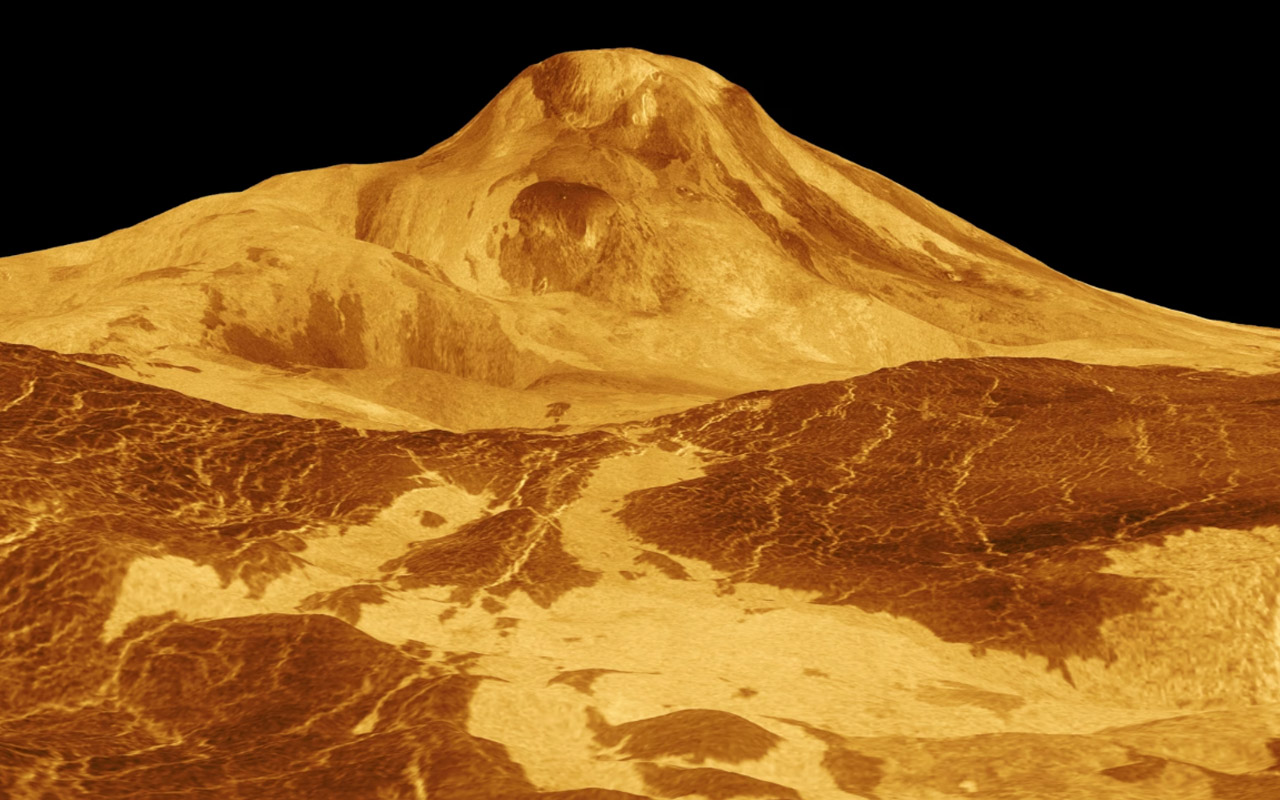 The volcano Maat Mons on the surface of Venus is displayed in this simulated view created from data taken by NASA's Magellan spacecraft.