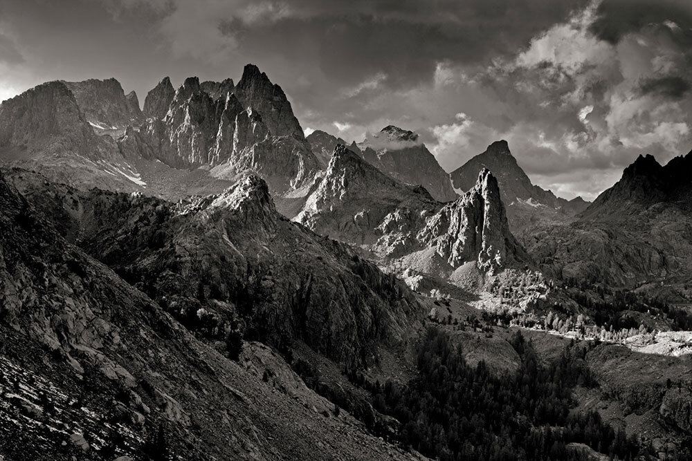 Rocky spires known as the Minarets rise above 12,000 feet in the Ansel Adams Wilderness