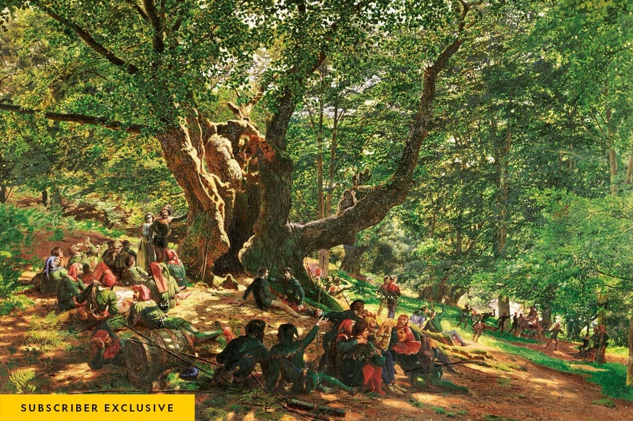 English painter Edmund George Warren’s 1859 painting of Robin Hood and his Merry Men in Sherwood Forest. The outlaws gathered in the greenwood under the great tree reflect a set of idealized symbols of old England many centuries in the making.