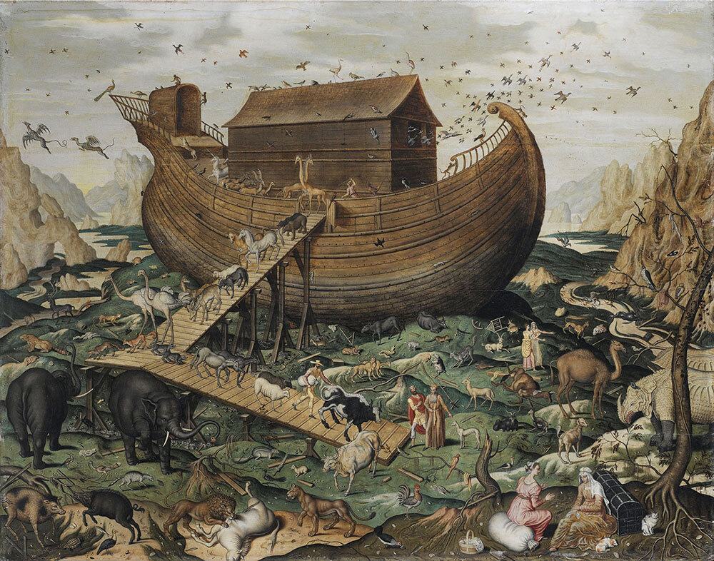 An illustration of the Biblical story of Noah's Ark with animals disembarking two-by-two.