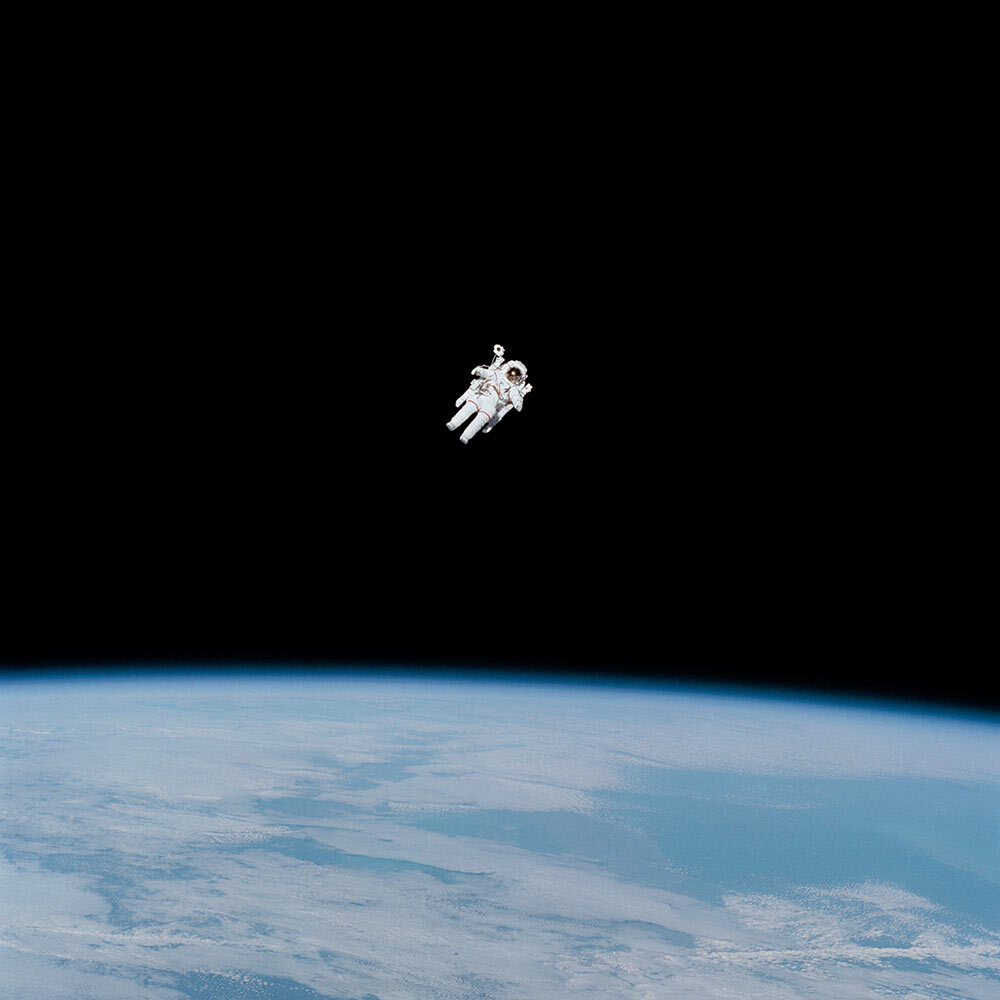 On February 7, 1984, as part of a space shuttle Challenger mission, Bruce McCandless became the first astronaut to maneuver freely in space—without being tethered to a vehicle.