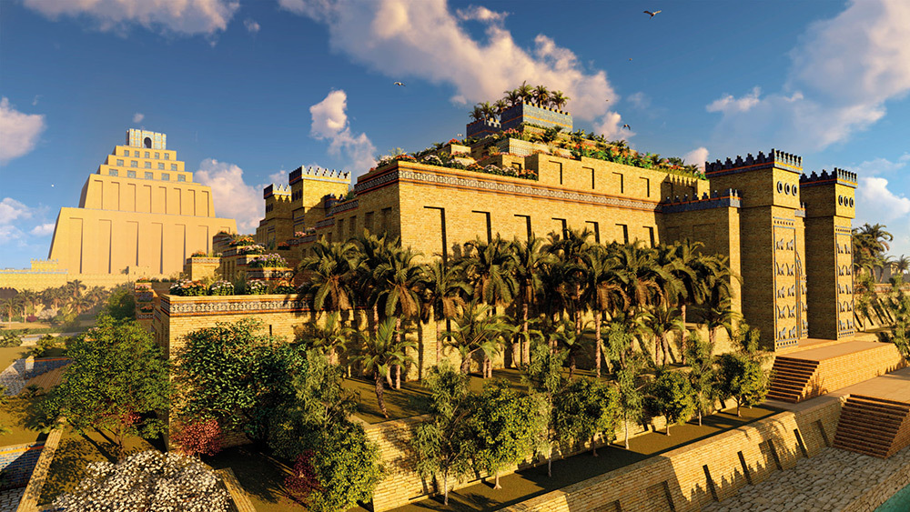 An artist's 3D rendering of a palace covered with trees and plants