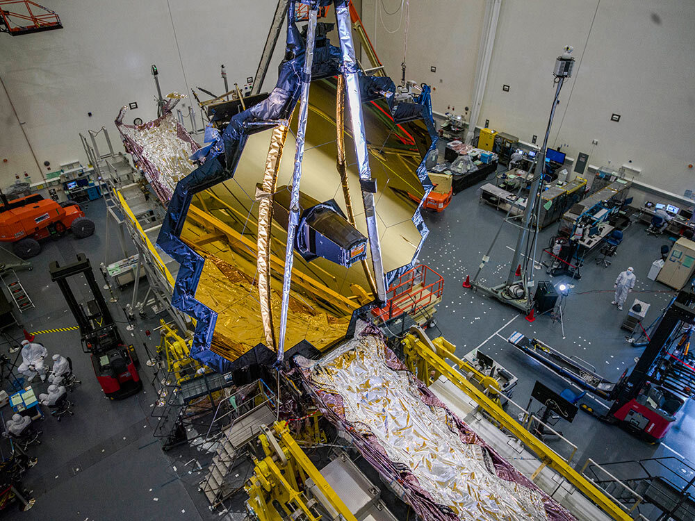 For the first time, and for only 72 hours, the full observatory is assembled with the mirrors deployed in their open position—21 feet, 4 inches in diameter—and attached to the sun shield. The mirrors had to fold to fit into the Ariane 5 rocket, which launched the telescope into space.