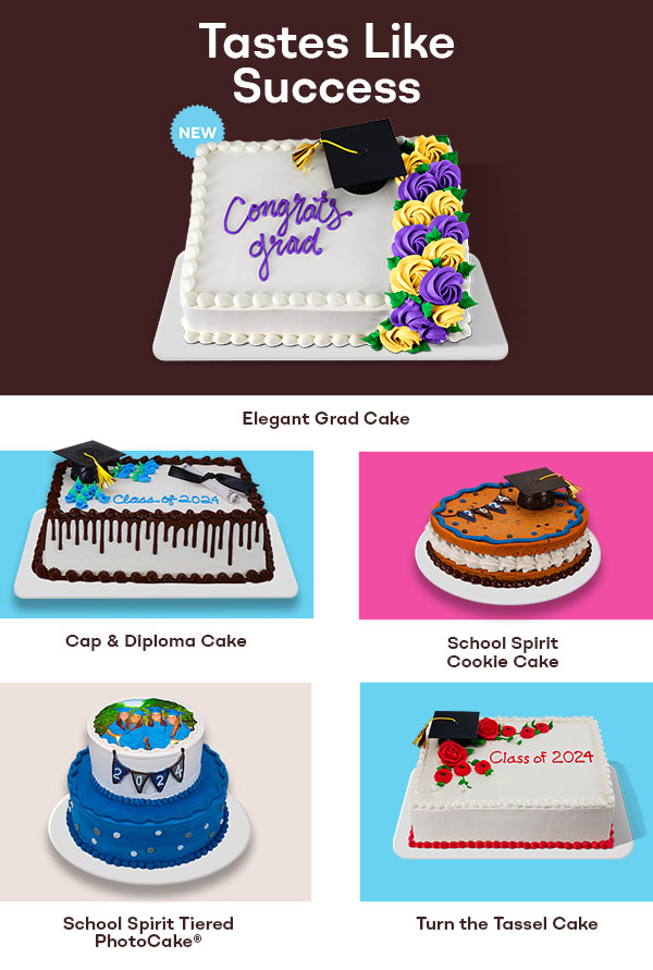 "Tastes Like Success" with Elegant Grad Cake, Cap & Diploma Cake, School Spirit Cookie Cake, Graduation Stripe PhotoCake® and Turn the Tassel Cake.​
