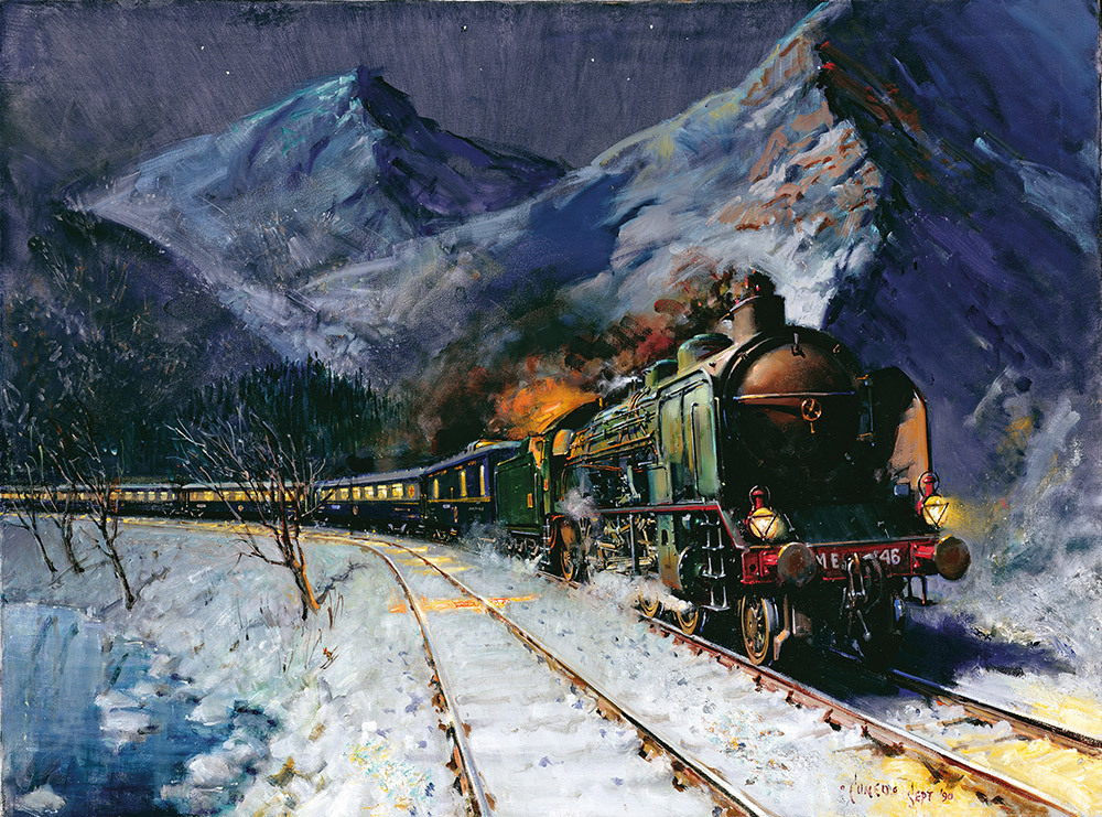 Under the dark of the night, the Orient Express chugs through Switzerland in this oil painting by Terence Cuneo