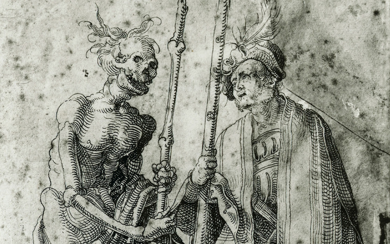 A 16th-century drawing by Hand Baldung Grien depicts a German mercenary speaking with Death.