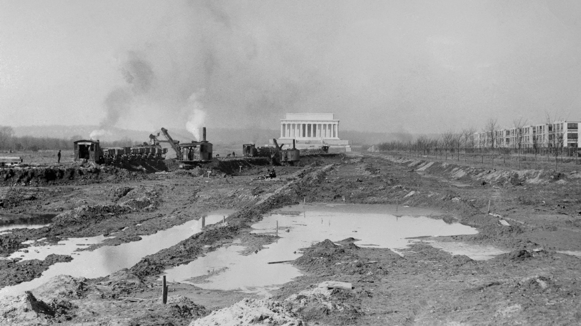 This March 25, 1920, photo shows excavation work for the Reflecting Pool, referred to then as “the big mirror lake.” It was completed in 1923.