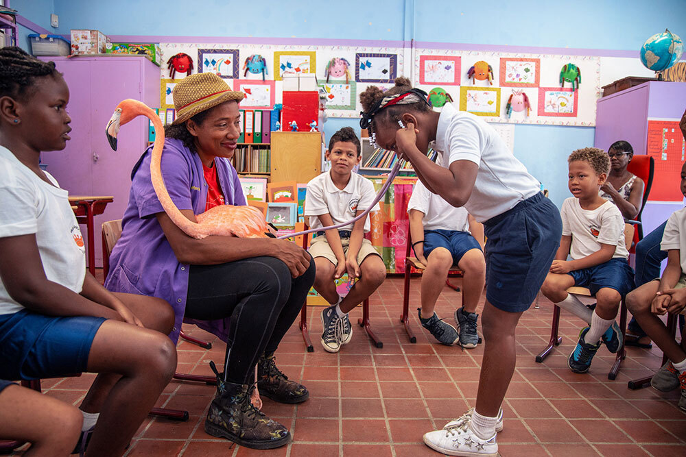 A picture of a flamingo in a classroom with kids