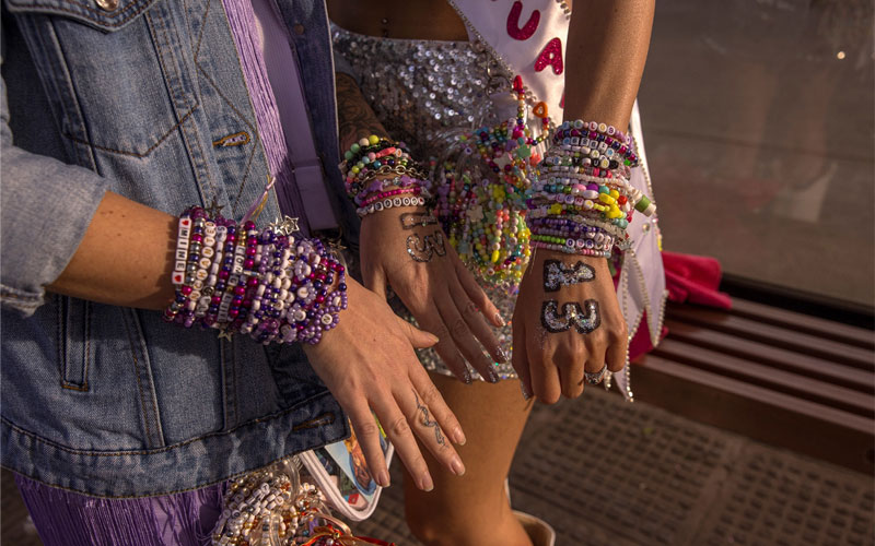 Mariale and Paula Nuñez show off their friendship bracelets before Taylor Swift's concert in Buenos Aires, Argentina. The exchange of friendship bracelets at her performances are the latest in decades of bracelet-swapping at music events. 