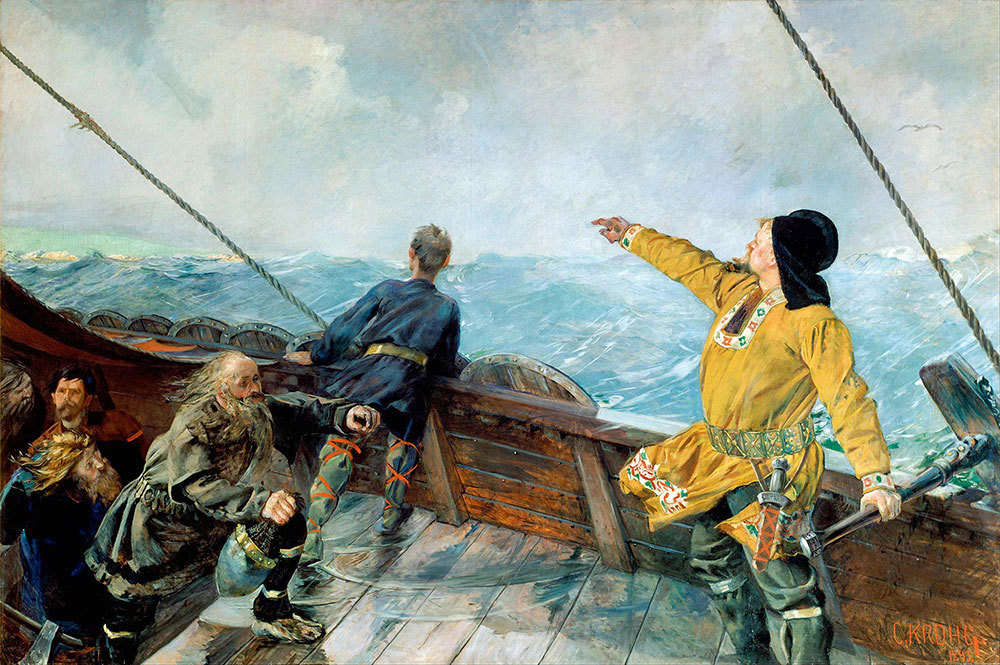 A painting of men on a ship