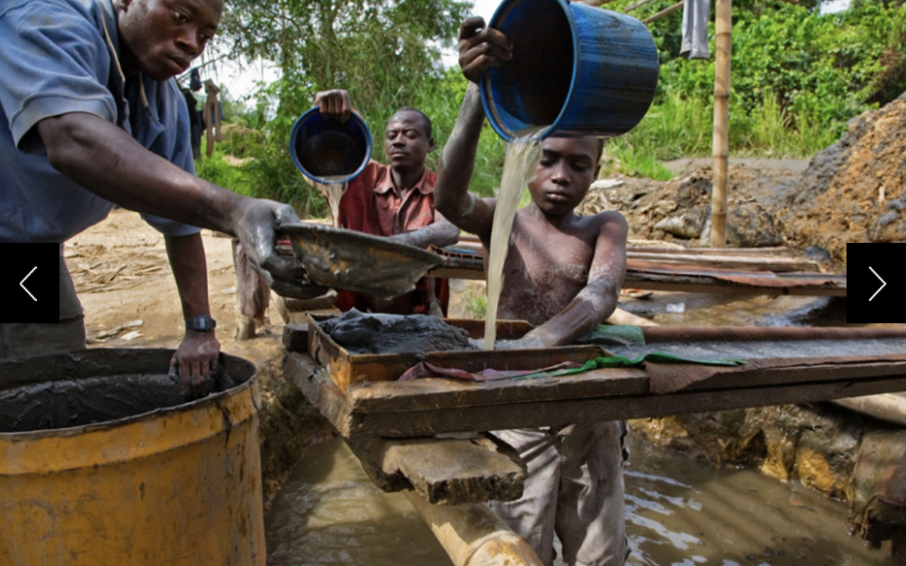 Manpower at an improvised mine in Ghana includes a 13-year-old boy put to work sluicing for gold. Large mining firms control just 4 percent of Ghana's territory, but a landgrab by those firms evicted thousands of villagers from their homes, forcing many to survive by poaching gold. Illegal mining produces 25 percent of the world's gold. 