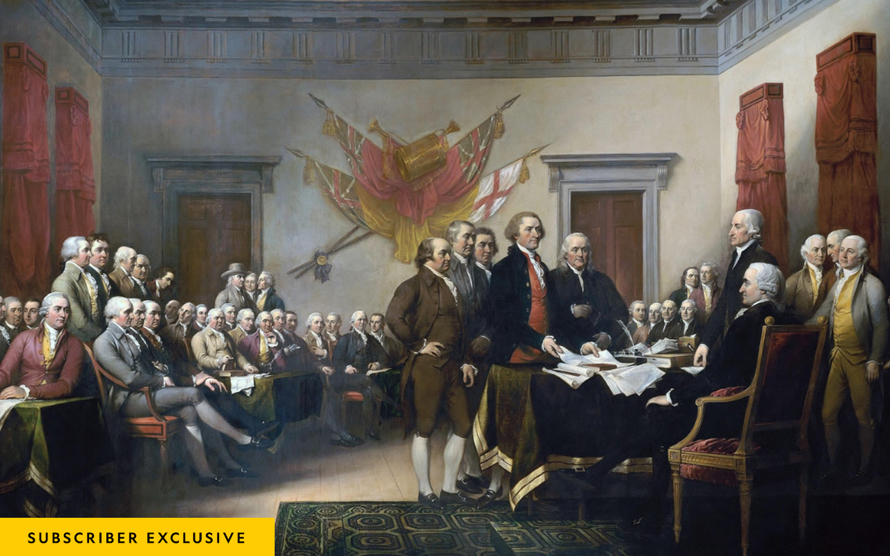 John Trumbull's painting "Declaration of Independence" depicts the five-man drafting committee of the Declaration of Independence presenting their work to the Congress.