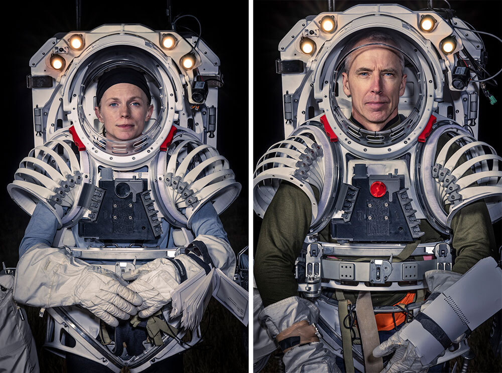 Portraits of two people in space suits