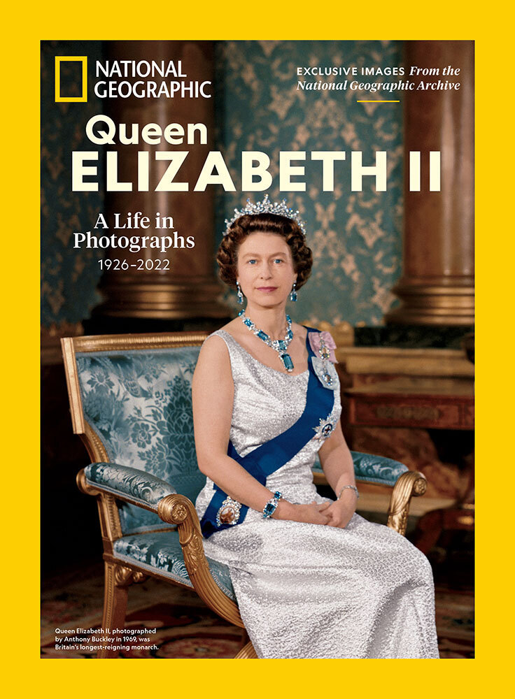 A portrait of Queen Elizabeth on the cover on a National Geographic magazine