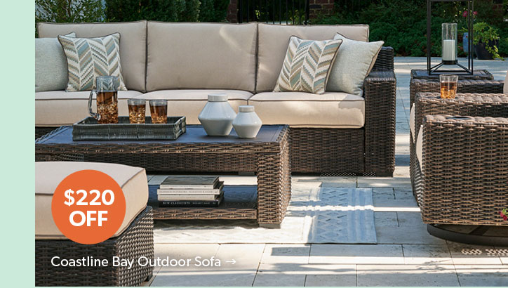220 dollars off. Featured Coastline Bay Outdoor Sofa. Click to shop.
