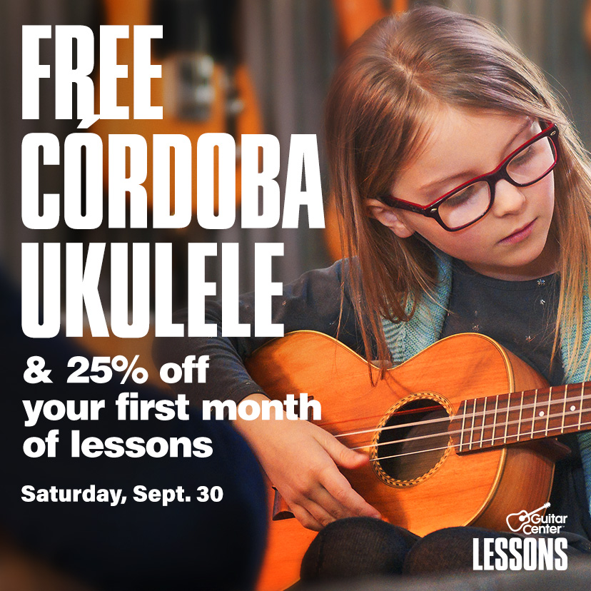 Free Cordoba ukulele plus 25% off your first month of lessons when you sign up at our free group guitar class. Sat. Sept. 30. Let’s go