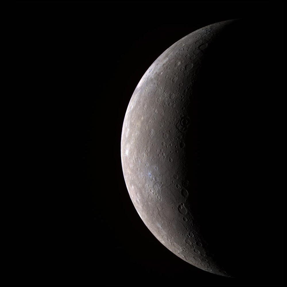 Mercury is seen in an image taken by the NASA MESSENGER probe from a distance of about 17,000 miles.