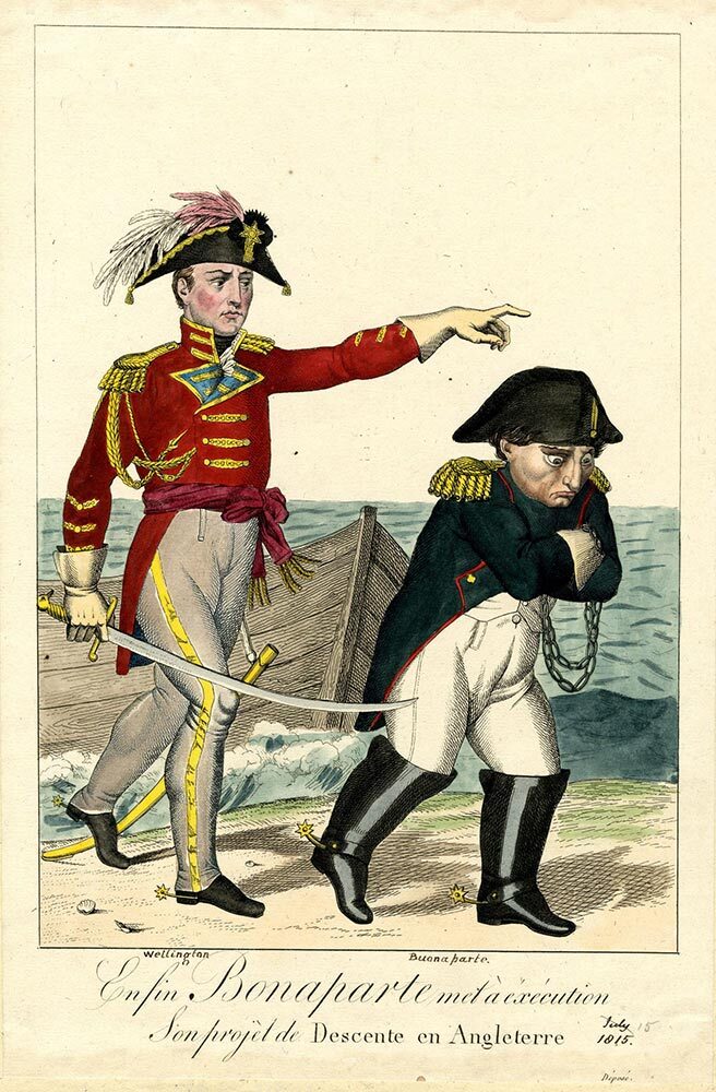 A man in red with a hat with feathers points as Napoleon pouts.