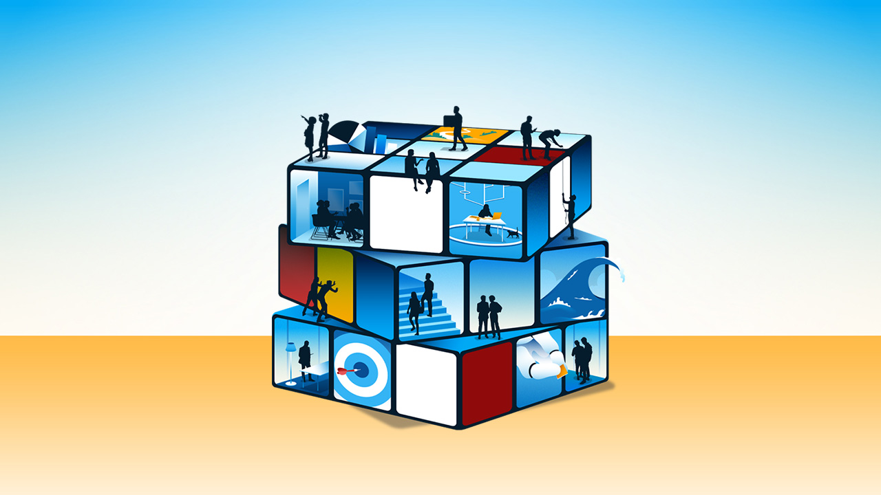 Illustration of a rubik's cube as an office with people in the cubes.