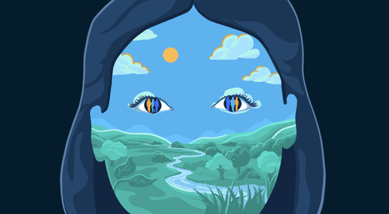 Image description.

An illustration of a woman’s face. The bottom half of her face contains a river running through a lush, green landscape. The background for the top half of her face comprises clouds in a blue sky. Her pupils reflect colorful silhouettes of people, representing employees. 

End of image description.