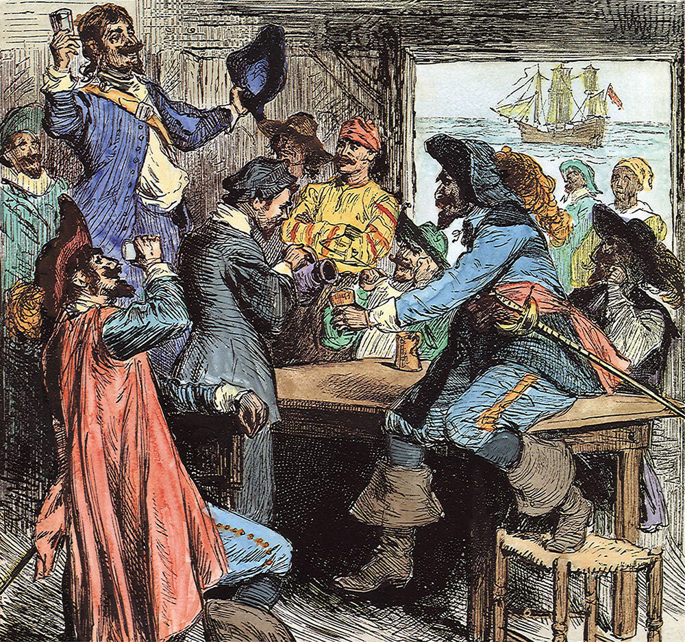 An illustration of pirates in a tavern