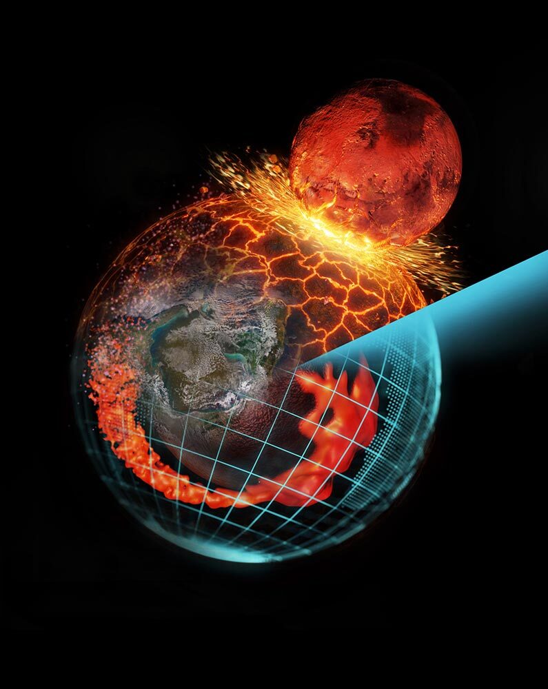 An illustration depicting Theia's impact with a young planet Earth, and the subsequent movement created within the Earth's mantle and core.