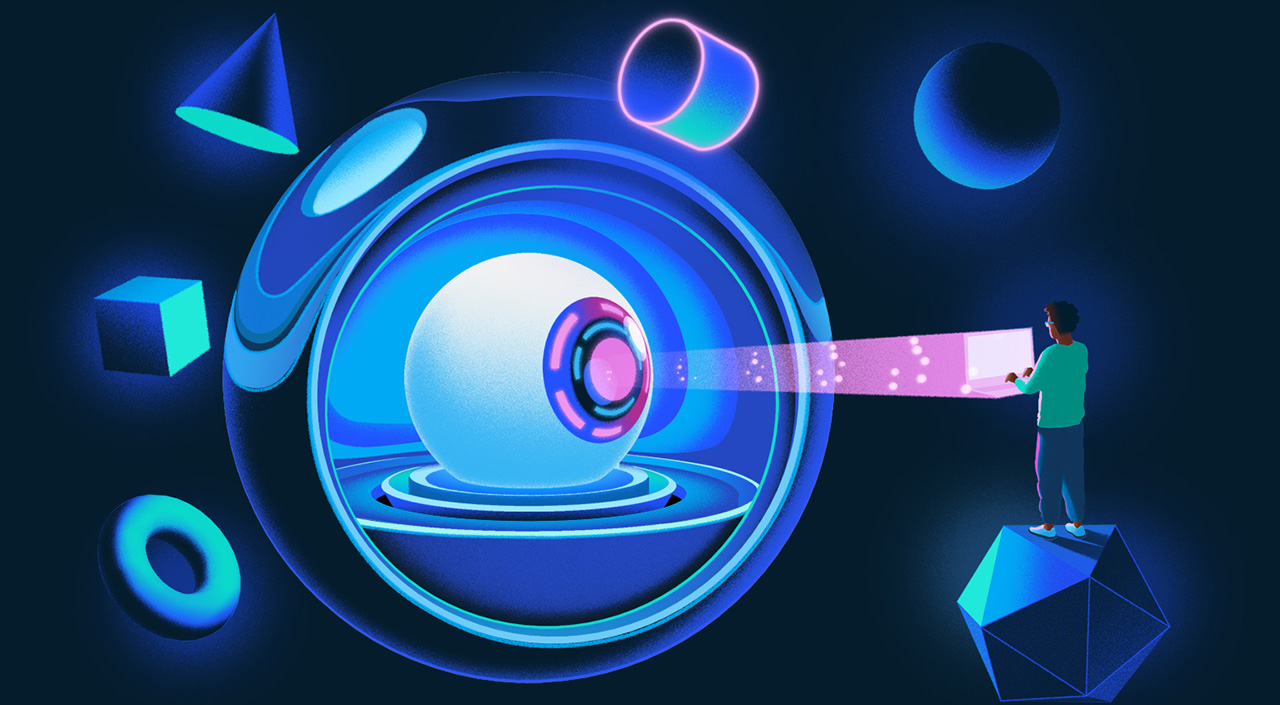 Image description.

An illustration of an eyeball with a digital iris, sitting inside a larger sphere whose front half is open. Three-dimensional geometric shapes float near the top and to the left of the sphere. A person holding a laptop is positioned to the right of the sphere and stands atop a three-dimensional polygon. A light shines from the center of the iris to the laptop. 

End of image description.